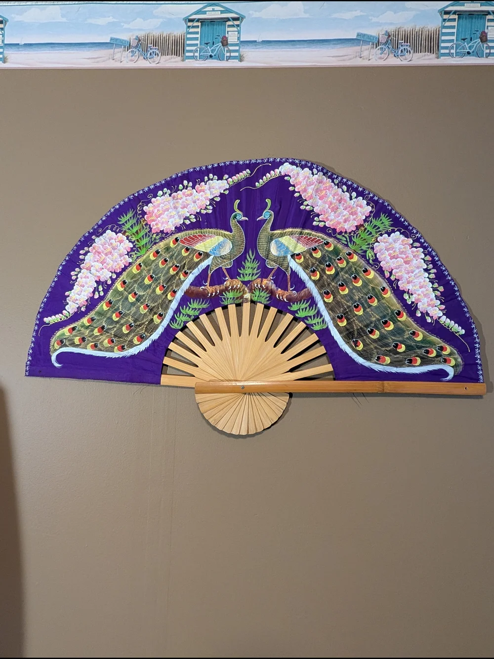 Hand-Painted Mid-century Purple Peacock Fan Wall Art. Bamboo Frame. Boho.